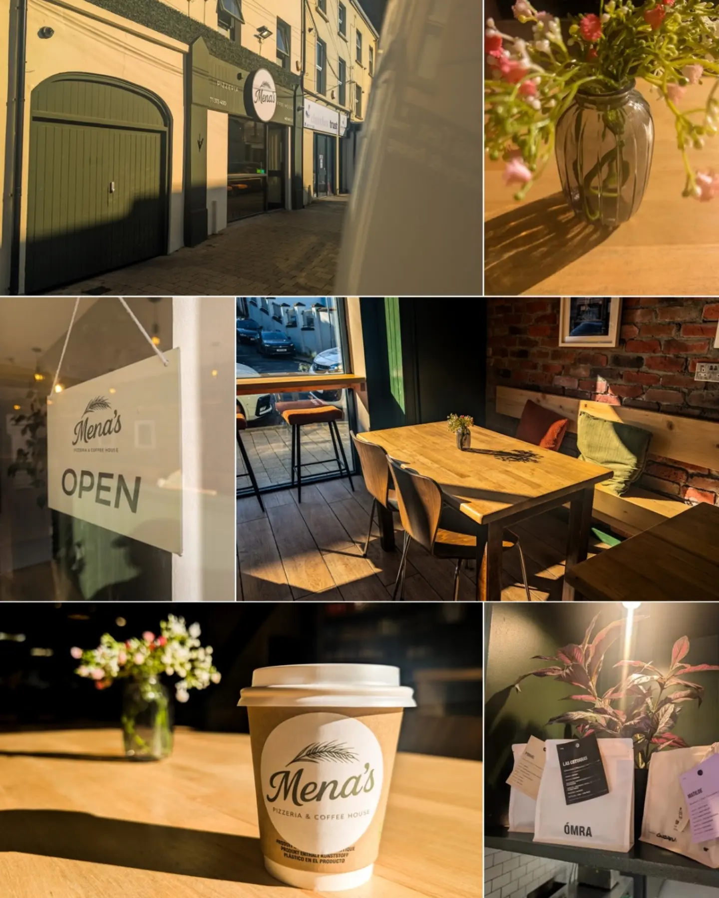 A collage of Mena’s coffee, seating and venue details